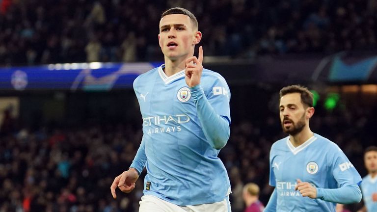 Phil Foden celebrates after scoring Man City's equaliser against RB Leipzig
