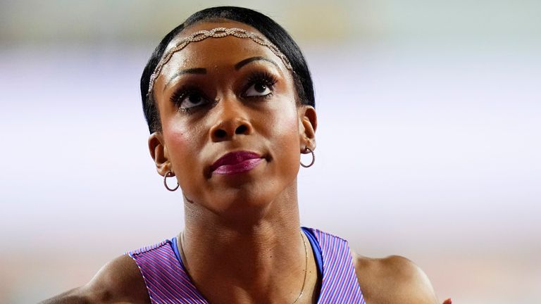 Cindy Sember, of Great Britain, looks up for the results after finishing a women's 60 meters hurdles semifinal during the World Athletics Indoor Championships at the Emirates Arena in Glasgow, Scotland, Sunday, March 3, 2024. (AP Photo/Petr David Josek)