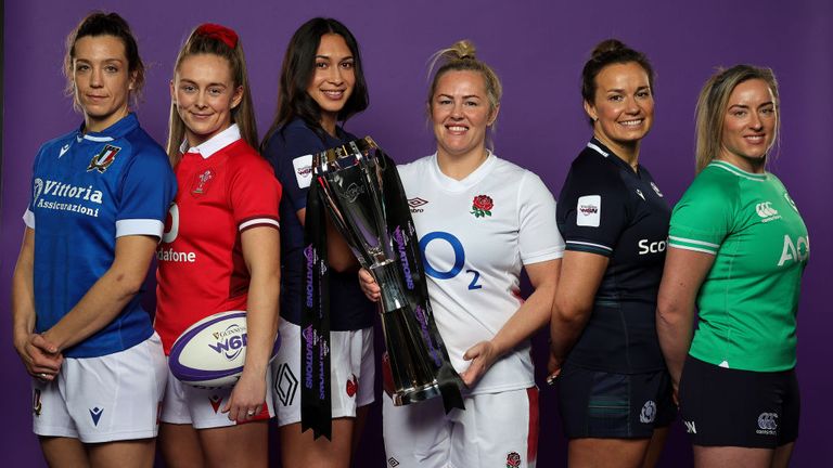 Italy's Elisa Giordano, Wales' Hannah Jones, France's Manae Feleu, England's Marlie Packer, Scotland's Rachel Malcolm and Ireland's Edel McMahon ahead of the Women's Six Nations