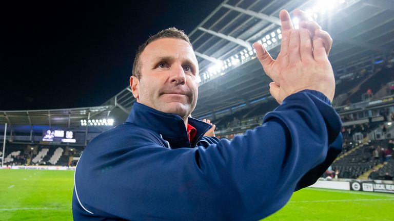 Picture by Allan McKenzie/SWpix.com - 15/02/2024 - Rugby League - Betfred Super League Round 1 - Hull FC v Hull KR - MKM Stadium, Kingston upon Hull, England - Hull KR's coach Willie Peters celebrates to the fans after his side's victory in the Hull derby over Hull FC.