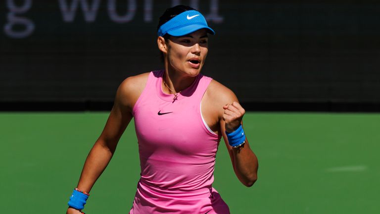 Emma Raducanu of Great Britain celebrates against Rebeka Masadova of Spain in the first round of the BNP Paribas Open at Indian Wells Tennis Garden on March 07, 2024 in Indian Wells, California. (Photo by Frey/TPN/Getty Images)