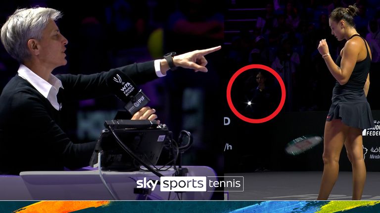 Umpire Marija Cicak calls out two spectators for using the flash on their mobile phone during Aryna Sabalenka and Coco Gauff's semi-final clash at the WTA Finals.