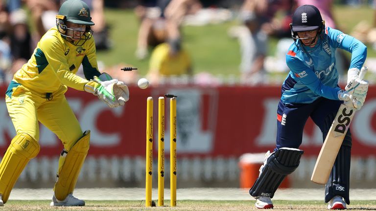 Danni Wyatt-Hodge is bowled first ball by Alana King in the second ODI of the Women's Ashes series