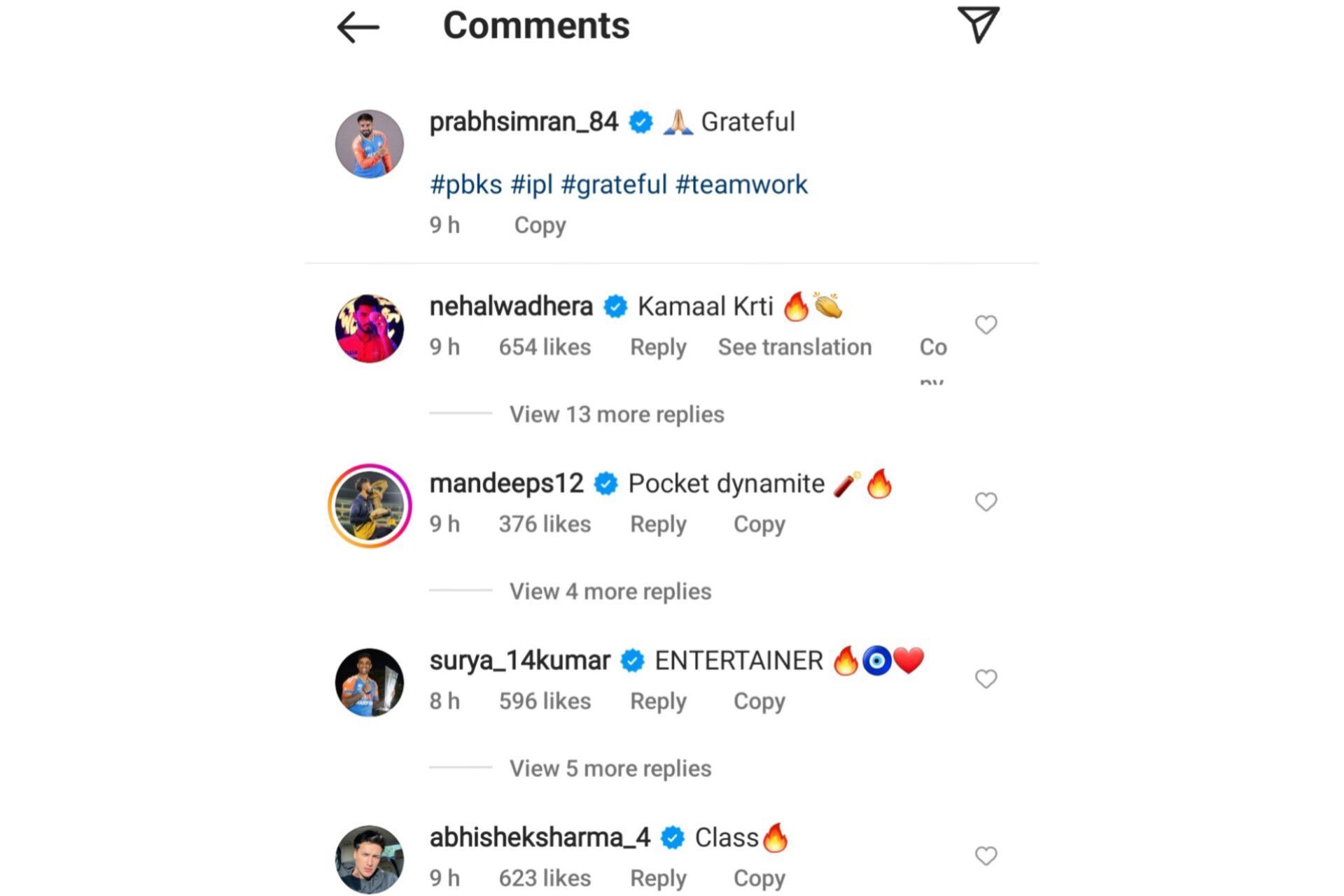 Fellow cricketers react to Prabhsimran Singh's latest social media post (Image via Instagram-@prabhsimran_84)