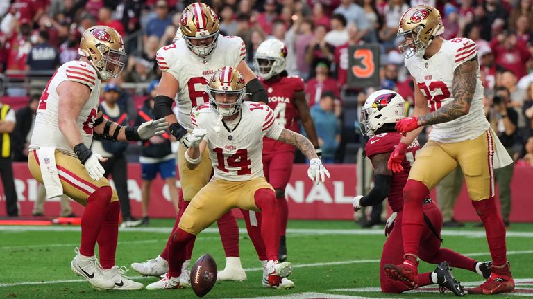 San Francisco 49ers wide receiver Ricky Pearsall reacts after scoring a touchdown against the Arizona Cardinals (AP Photo/Rick Scuteri)