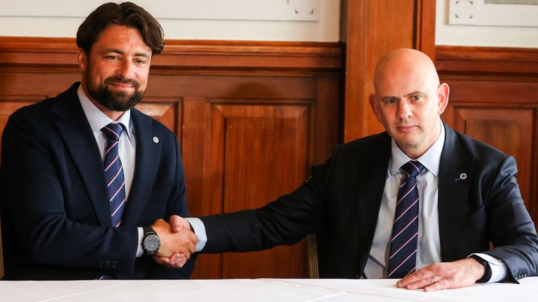 GLASGOW, SCOTLAND - JUNE 05: Russell Martin is unveiled as the new Head Coach of Rangers Football Club alongside Rangers Chief Executive Officer Patrick Stewart at Ibrox Stadium, on June 05, 2025, in Glasgow, Scotland. (Photo by Craig Williamson / SNS Group)
