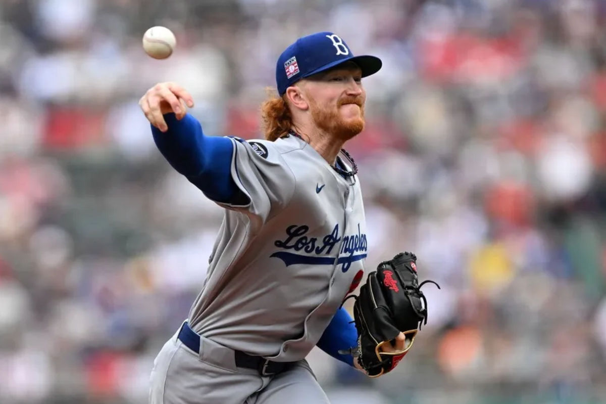 Jul 27, 2025; Boston, Massachusetts, USA; Los Angeles Dodgers starting pitcher Dustin May (85) pitches against the Boston Red Sox during the first inning at Fenway Park. Mandatory Credit: Brian Fluharty-Imagn Images