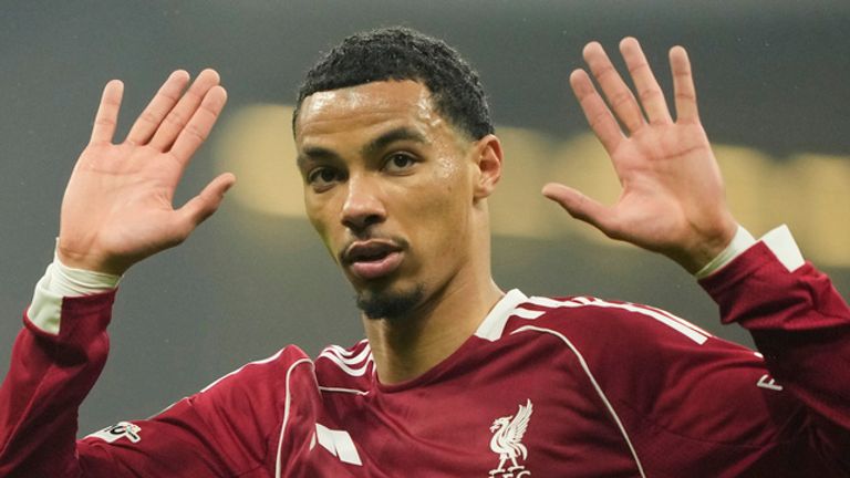 Liverpool's Hugo Ekitike celebrates after scoring his side's opening goal during the Champions League opening phase soccer match between Eintracht Frankfurt and Liverpool in Frankfurt, Germany, Wednesday, Oct. 22, 2025. (AP Photo/Michael Probst)