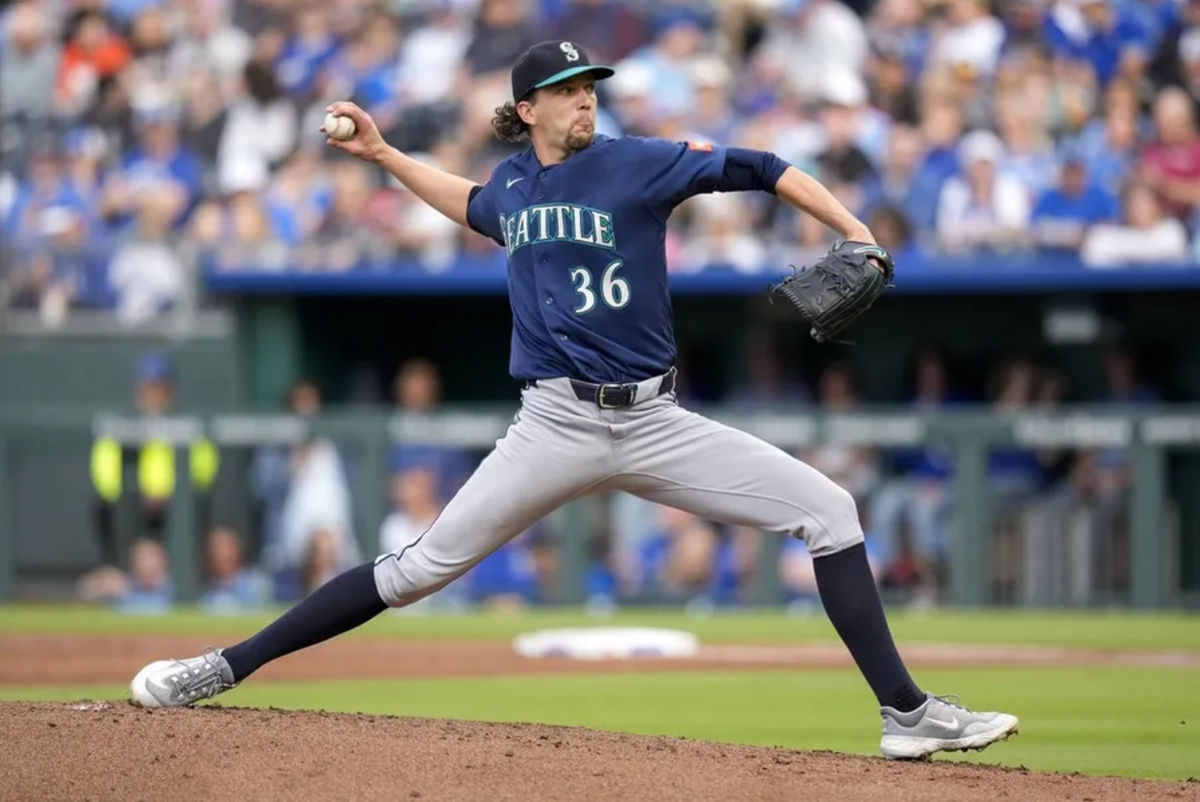 May 22, 2026; Kansas City, Missouri, USA; Seattle Mariners pitcher Logan Gilbert (36) pitches during the first inning against the Kansas City Royals at Kauffman Stadium. Mandatory Credit: Jay Biggerstaff-Imagn Images