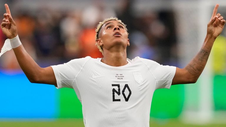 Norway's Antonio Nusa celebrates after scoring against Ivory Coast (AP Photo/Tony Gutierrez)